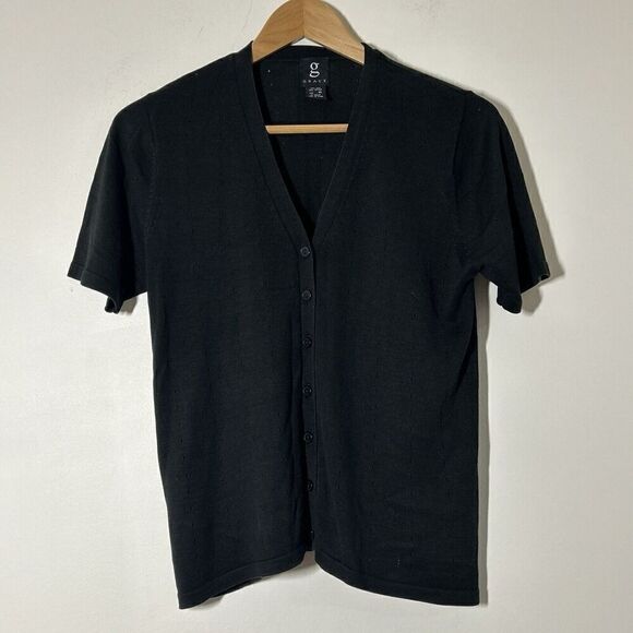 Grace Knitwear Women's Medium Black Short Sleeve Silk Blend Cardigan Sweater - Picture 1 of 4
